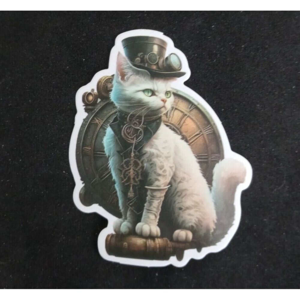 10/$10 Steampunk Distinguished White Cat Leader Sticker 2.5" x 2" - Picture 1 of 2
